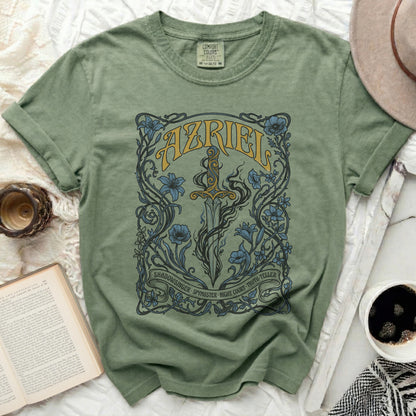 Green t-shirt with Azriel sword and floral design, featuring text.