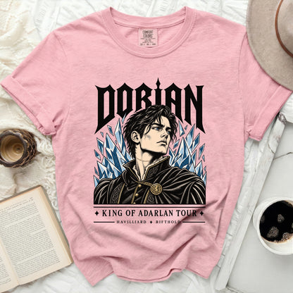 Pink t-shirt with black gothic text "DORIAN" and character portrait.