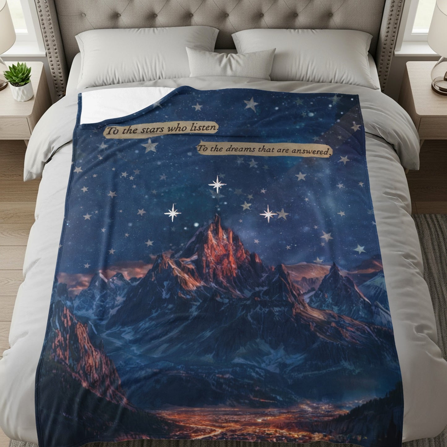 Starlit Mountain Scene Bedding Blanket with Inspirational Text