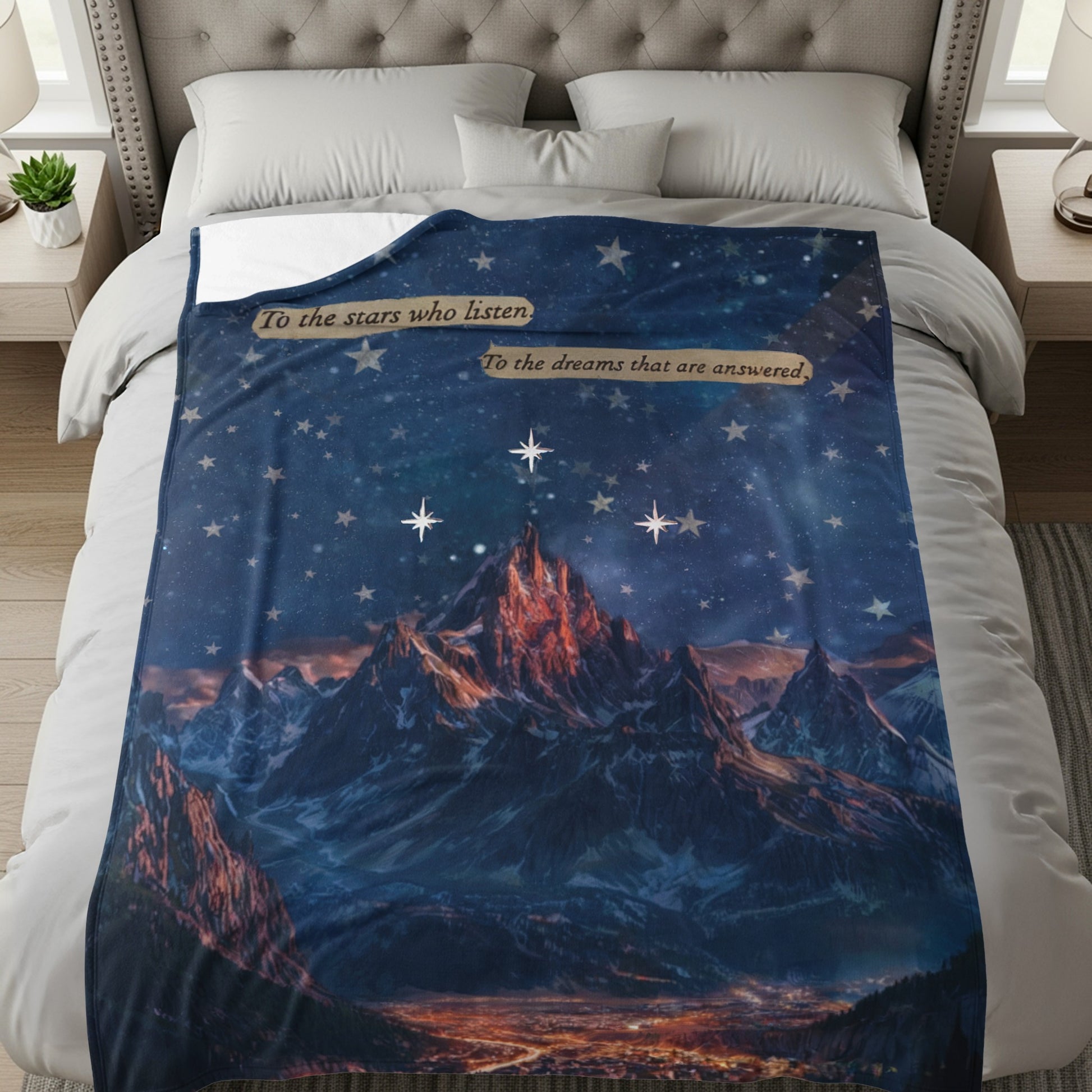 Starlit Mountain Scene Bedding Blanket with Inspirational Text