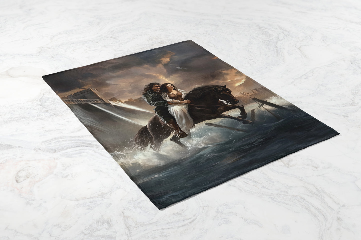 Heroic Scene of Couple Riding Horse Blanket