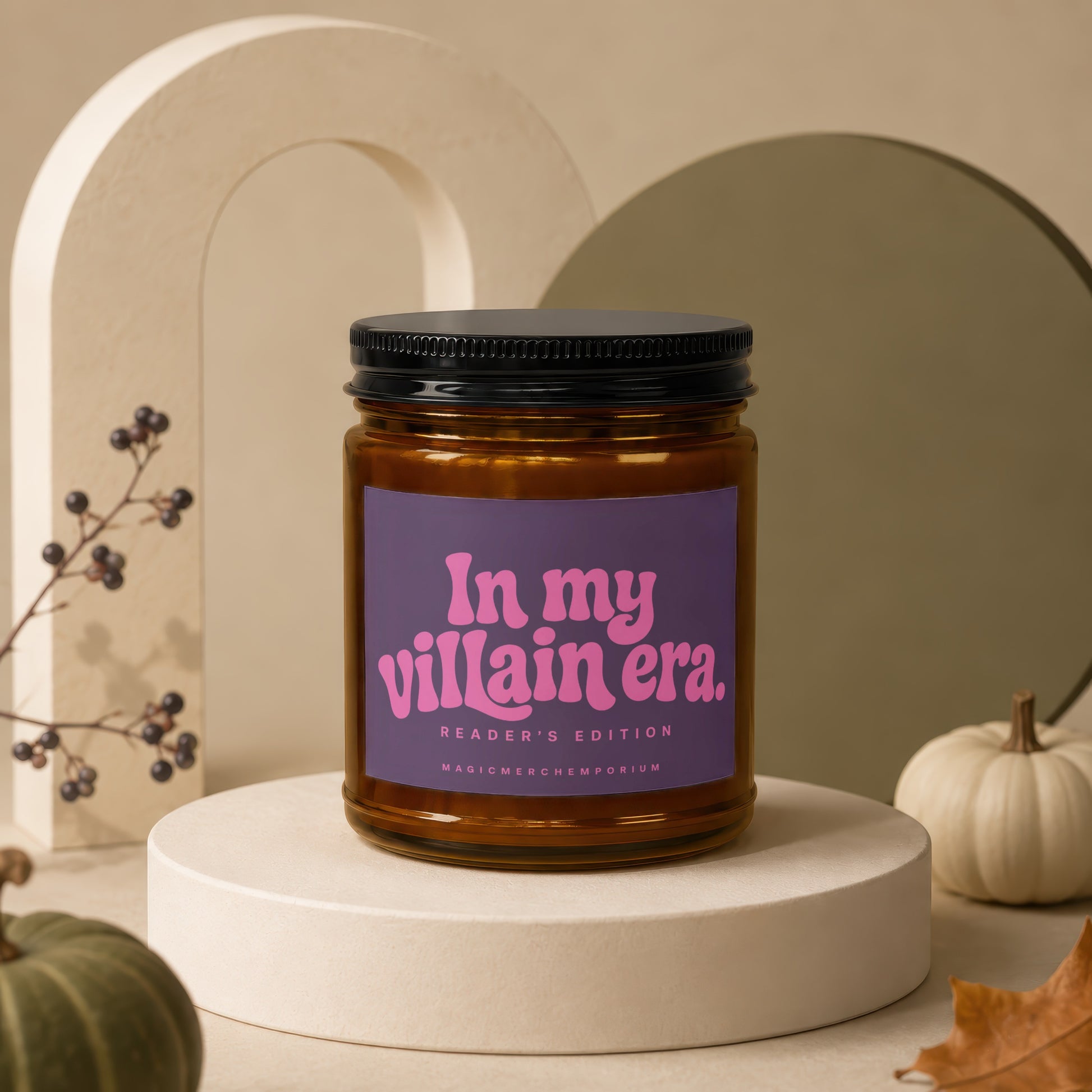 Amber jar candle labeled "In my villain era. Reader's Edition."