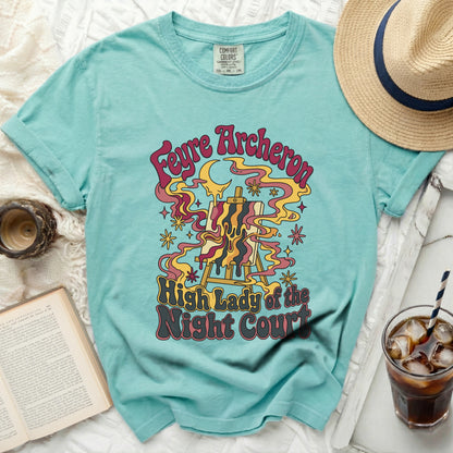 Teal t-shirt with "Feyre Archerton High Lady of the Night Court" graphic.