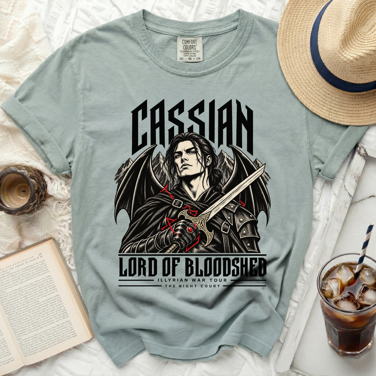 Cassian, Lord of Bloodshed, Illyrian War Tour, The Night Court graphic t-shirt.