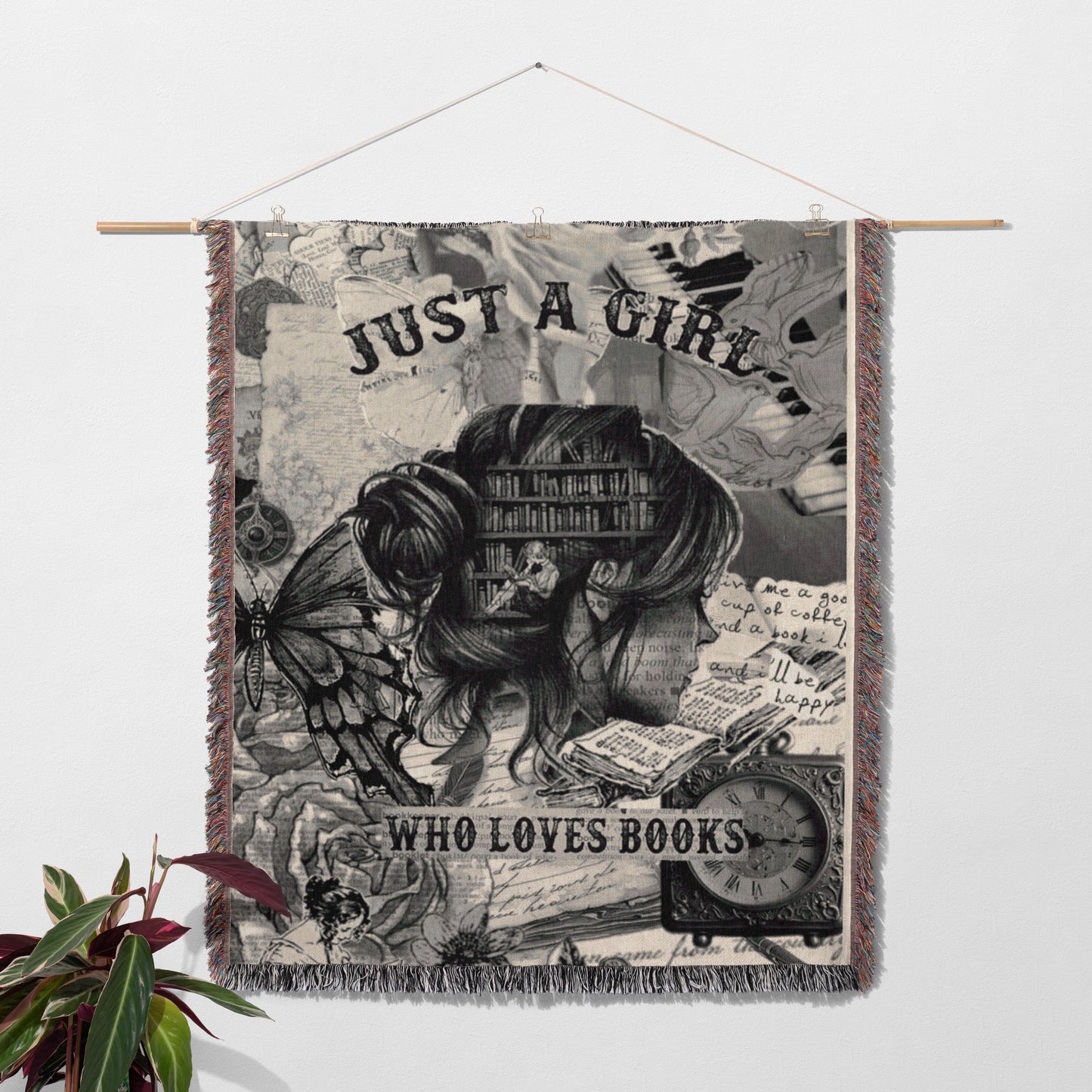 The image is a poster with a collage of various elements, including a person's face, books, a butterfly, and a clock. The poster has a text that reads "Just a girl who loves books" and "Who loves books".