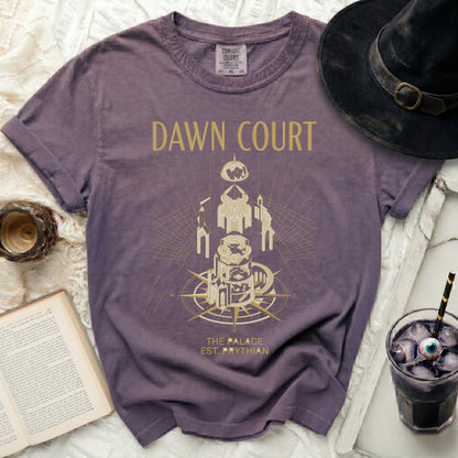 Purple t-shirt with gold "Dawn Court" and palace graphic.