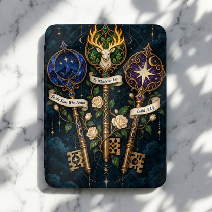 Three ornate keys with celestial and floral designs against a starry night background.