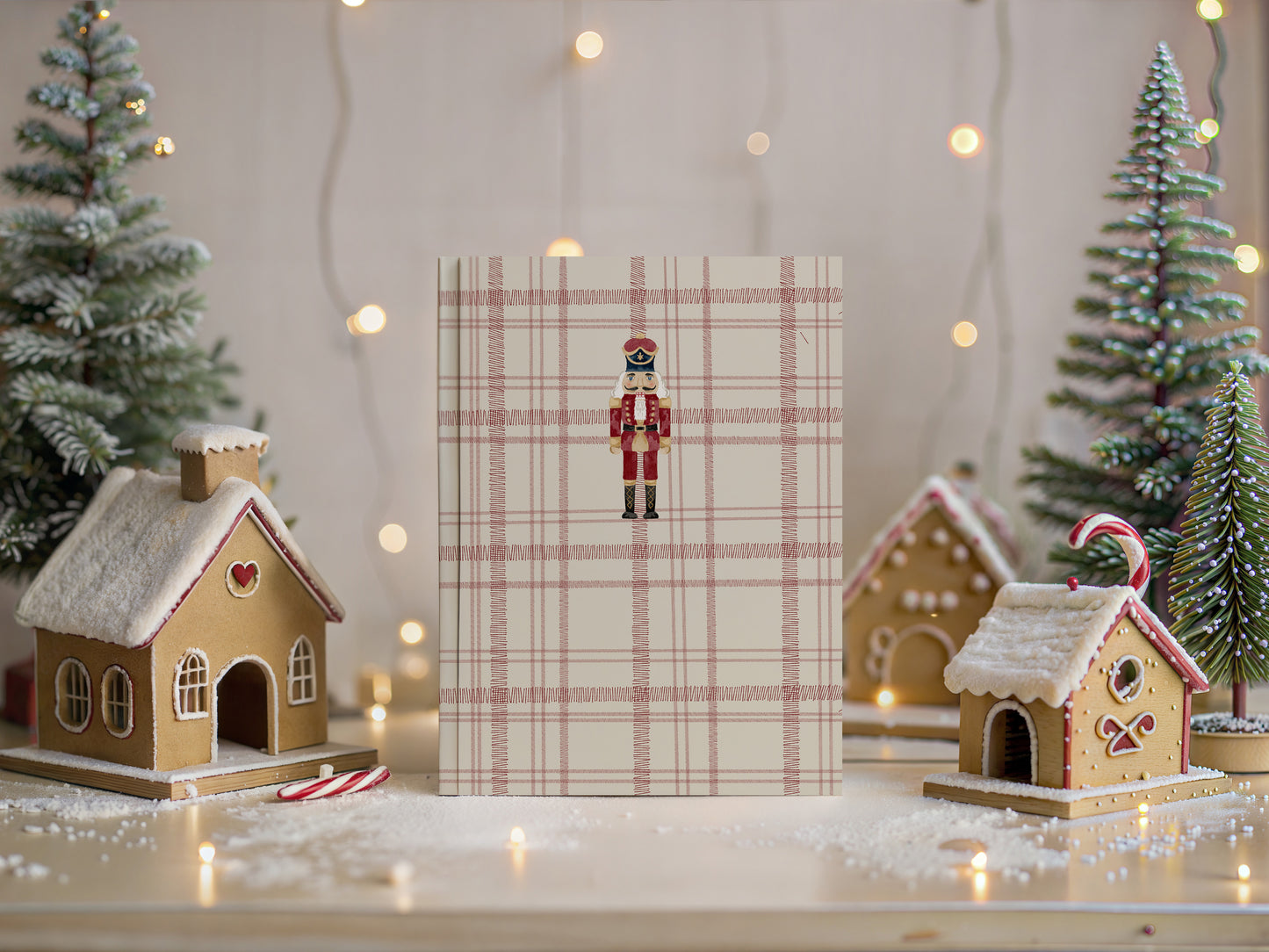 Festive Nutcracker Plaid Christmas Card with Gingerbread Decor