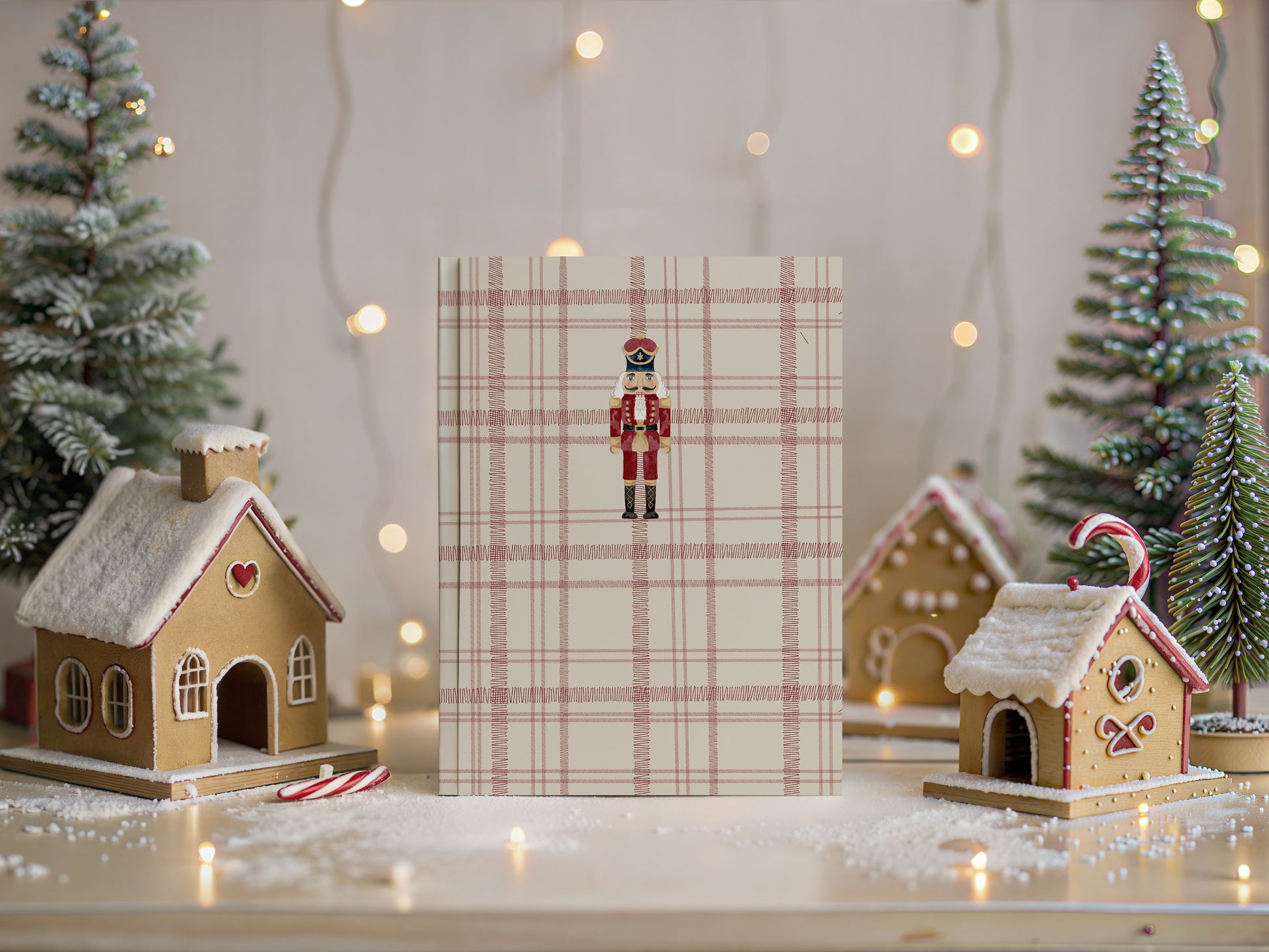 Festive Nutcracker Plaid Christmas Card with Gingerbread Decor