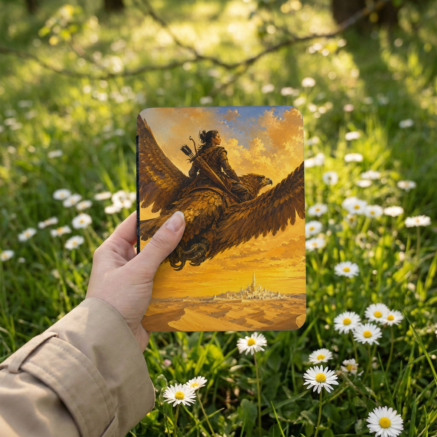 Woman riding a large bird over a desert city under a golden sky.