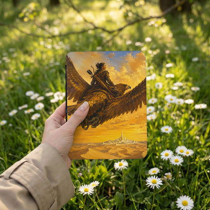 Woman riding a large bird over a desert city under a golden sky.