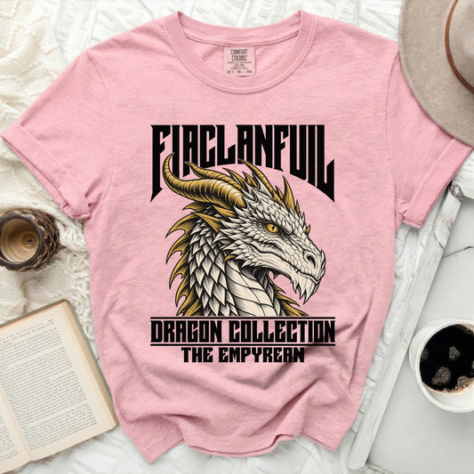Pink t-shirt with a detailed dragon graphic and text: FIACLANFUIL, DRAGON COLLECTION, THE EMPYREAN.