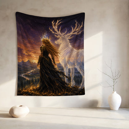 Tapestry with queen and glowing stag against a starry sky and fiery landscape.