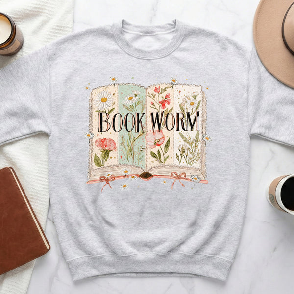 Floral Book Worm Sweatshirt in Ash