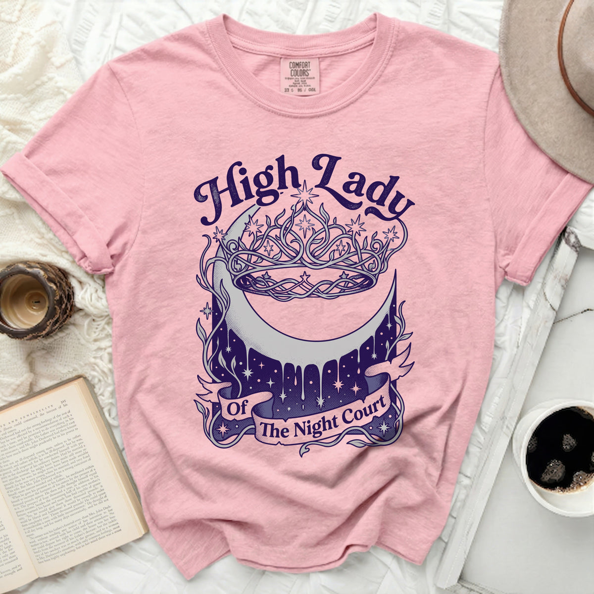 Pink t-shirt with "High Lady of The Night Court" graphic and moon.