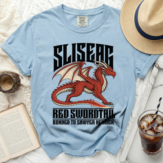 Light blue t-shirt with red dragon graphic and text.