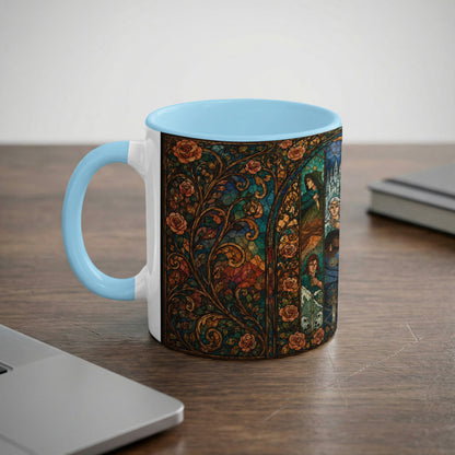 Mug with light blue handle featuring a stained glass design of roses and figures.