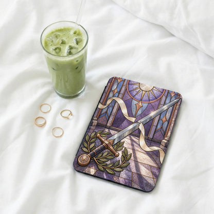 Stained glass design with sword and laurel wreath on a tablet case.