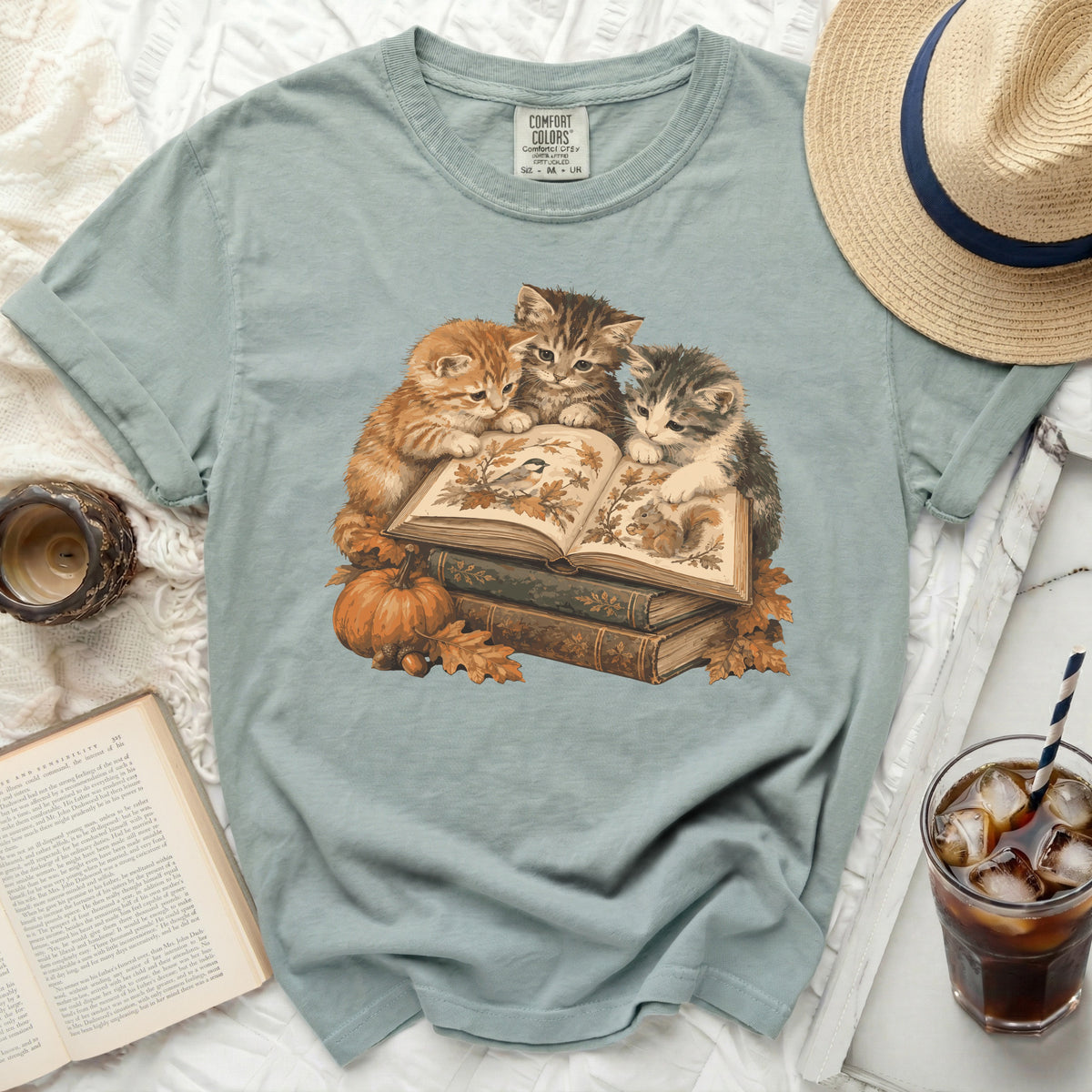 Three kittens read a book with a bird and squirrel, surrounded by autumn leaves and a pumpkin.
