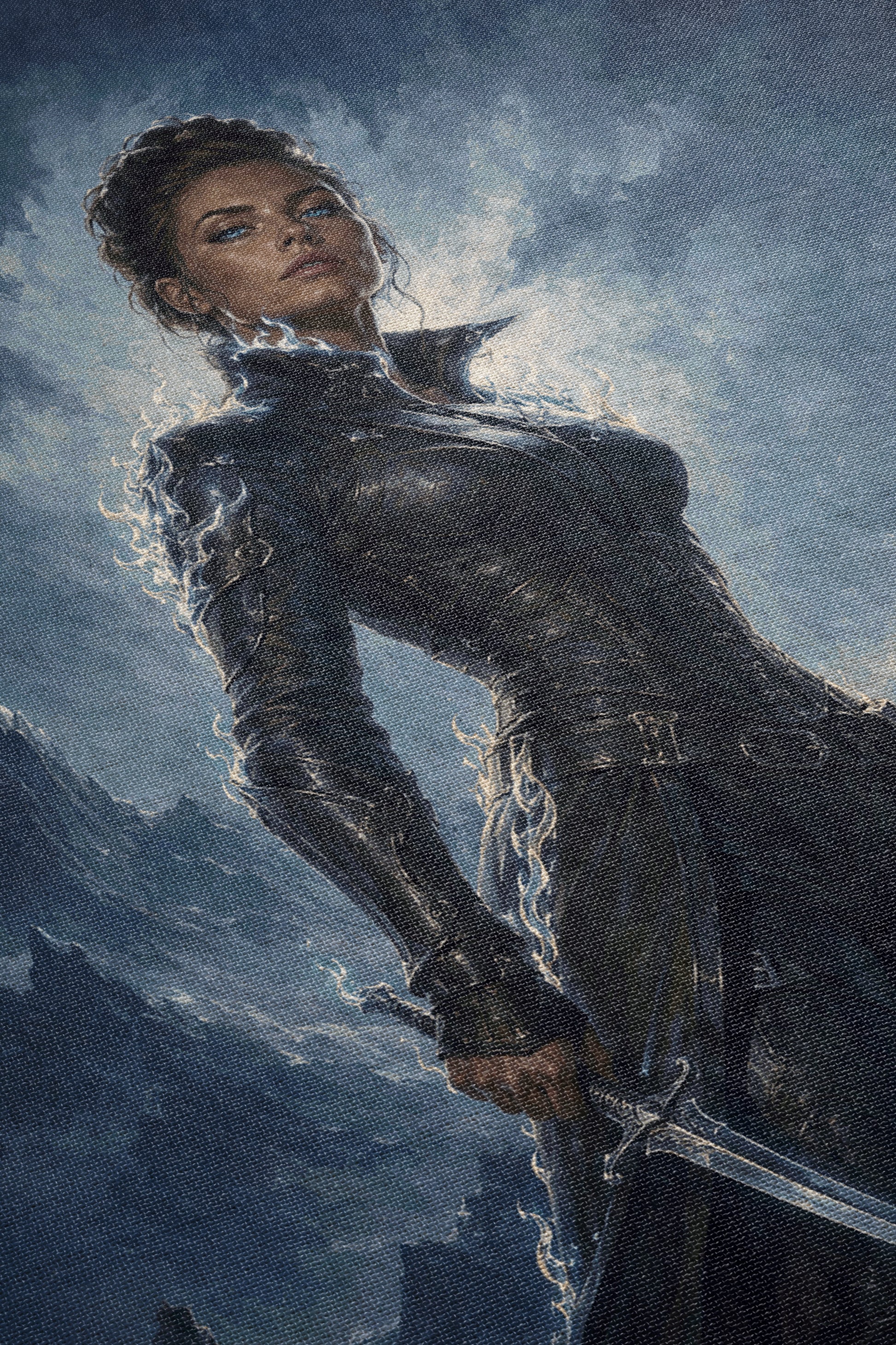 A woman in a dark, shiny outfit stands in a dramatic pose, holding a sword and gazing intently at the viewer against a backdrop of a cloudy sky.