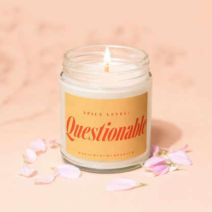 Glass jar candle with lit wick and yellow label reading "Spice Level: Questionable"