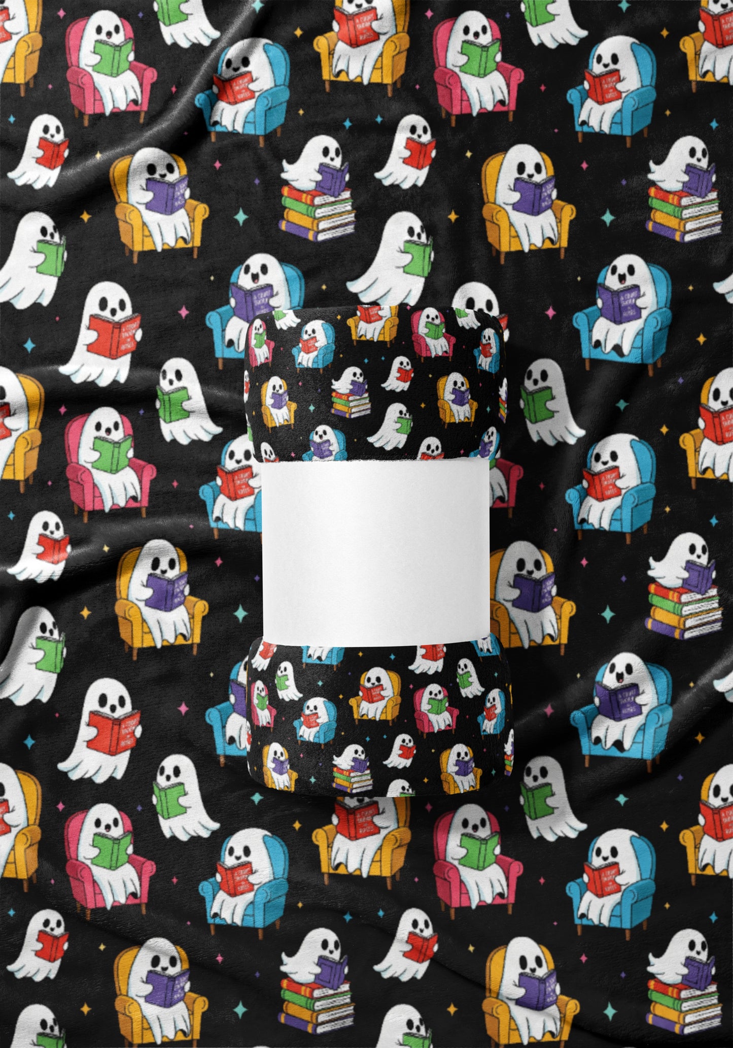 Colorful Ghosts Blanket with Books Pattern Design