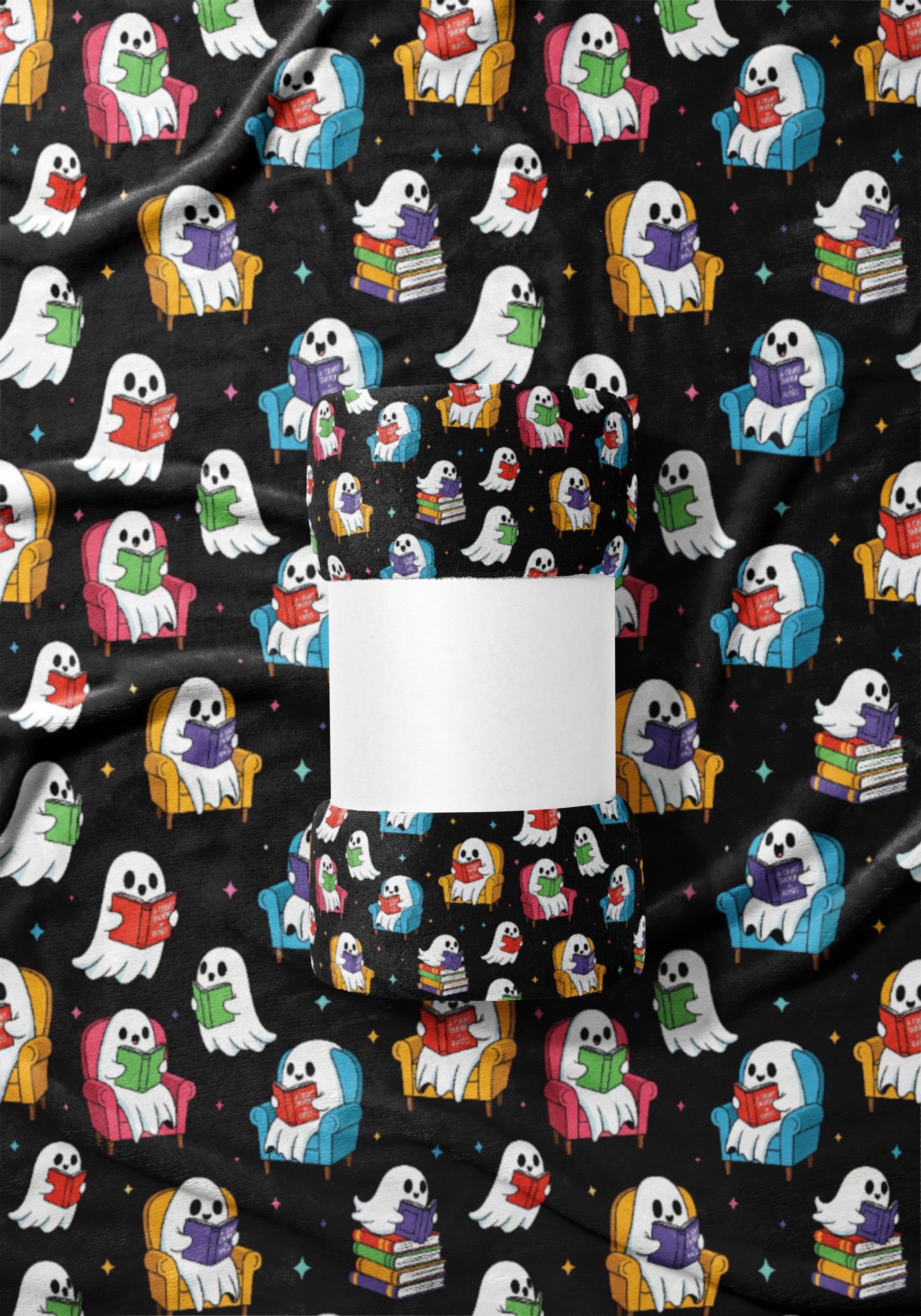 Colorful Ghosts Blanket with Books Pattern Design