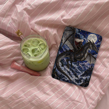 Phone case with dragon rider and castle illustration on pink striped background.