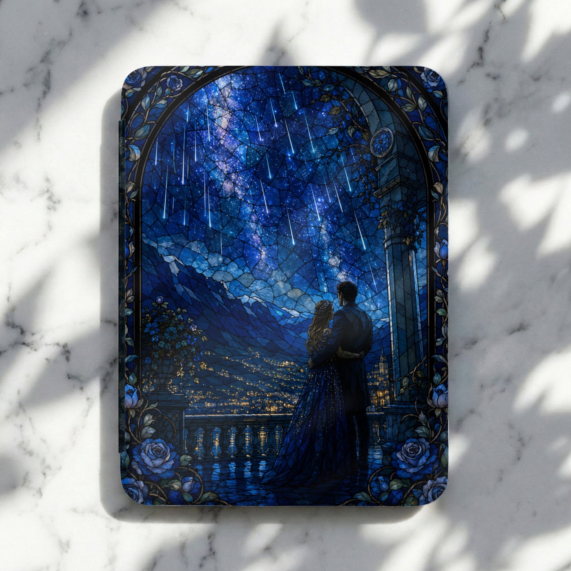 Couple embracing under a starry sky with shooting stars, in stained glass style.