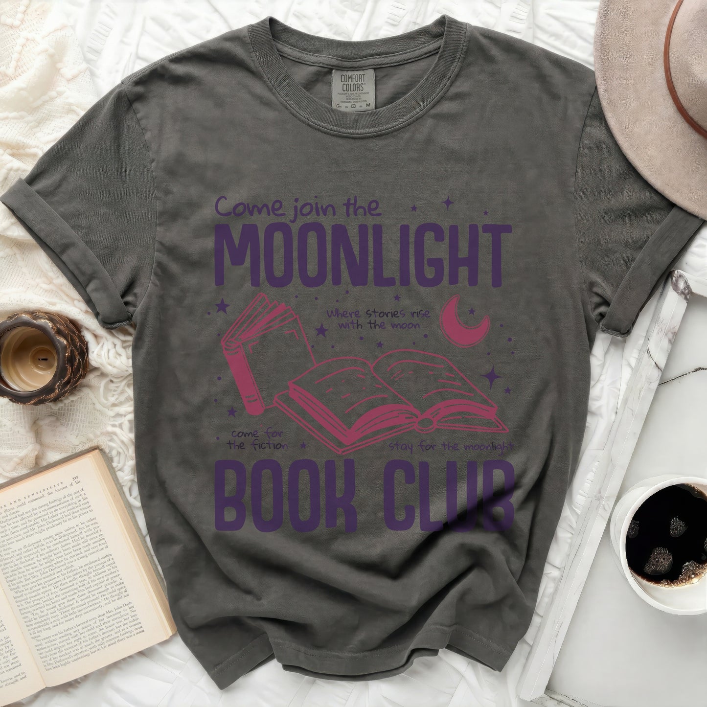 Comfort Colors t-shirt with "Come join the Moonlight Book Club" text.