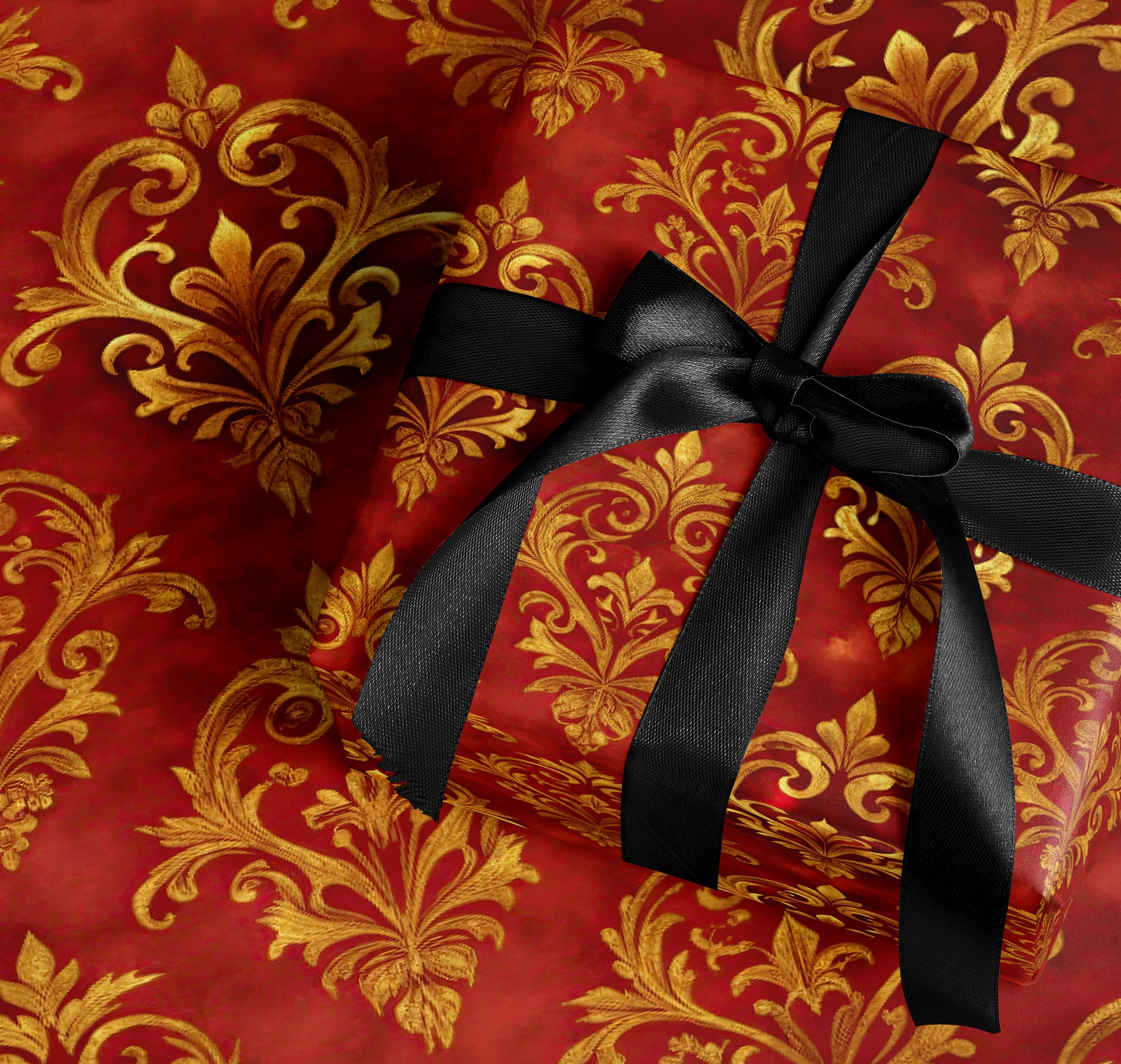 Exquisite Red and Gold Gift Wrap with Black Ribbon