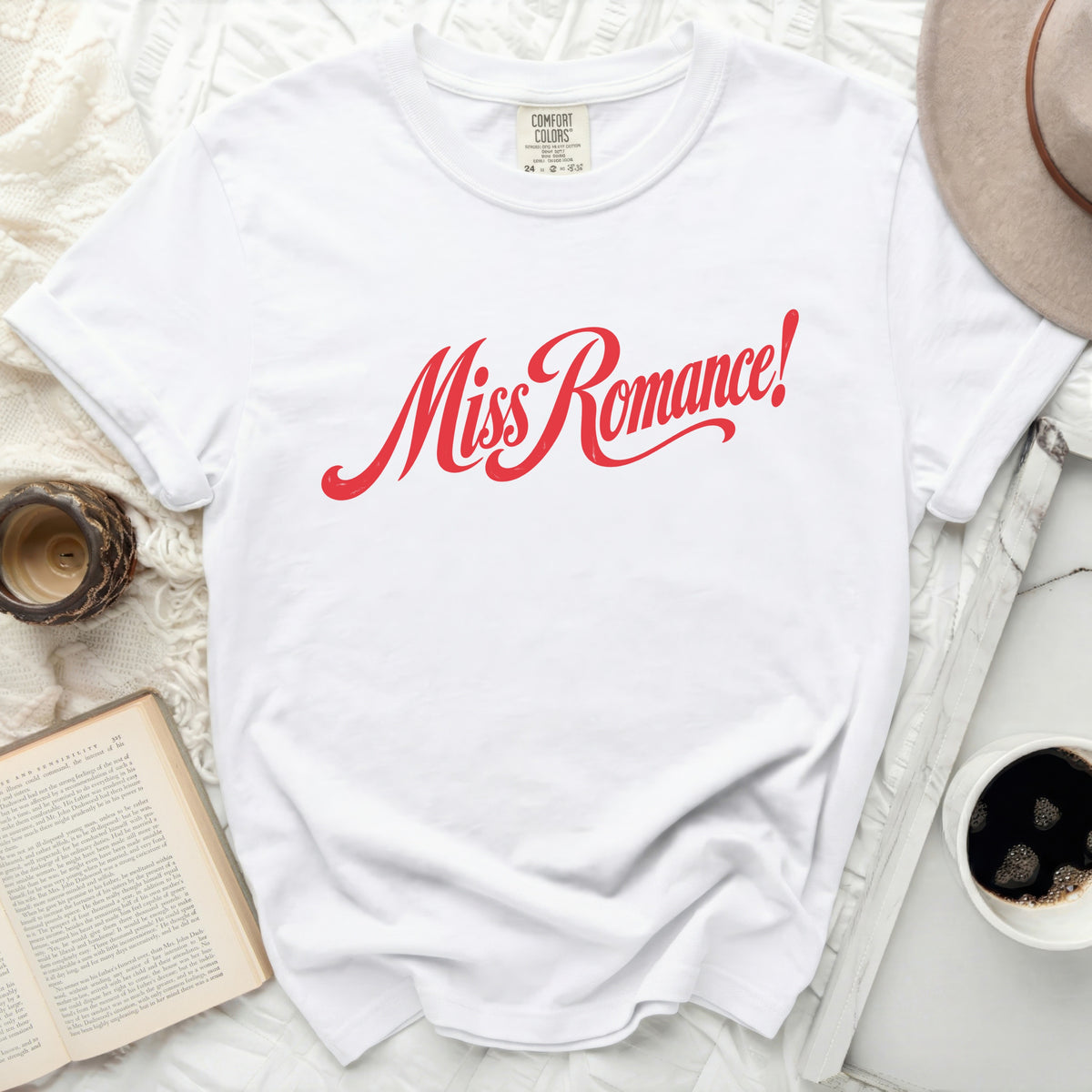 White t-shirt with red "Miss Romance!" text and Comfort Colors tag.