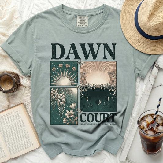 Green comfort colors t-shirt with "DAWN COURT" and celestial art.