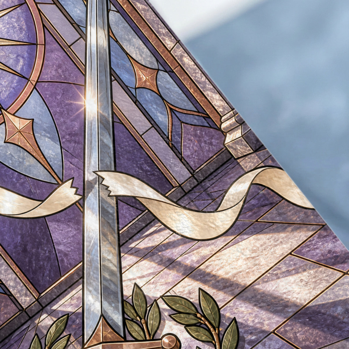 Stained glass featuring a sword, ribbons, and laurel leaves against purple and blue geometric patterns.