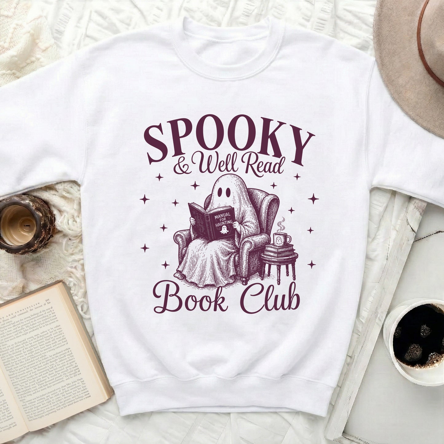"Spooky & Well Read Book Club" graphic on a white sweatshirt