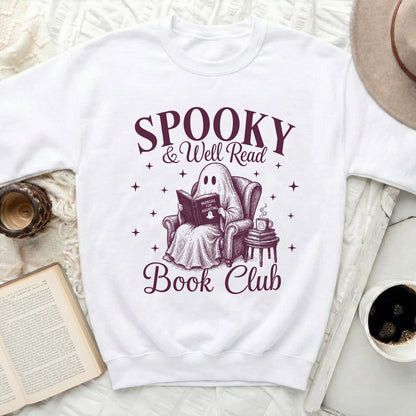 "Spooky & Well Read Book Club" graphic on a white sweatshirt