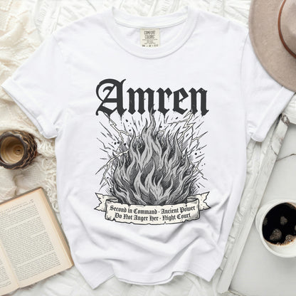 White t-shirt with graphic of flames, lightning, and text "Amren".