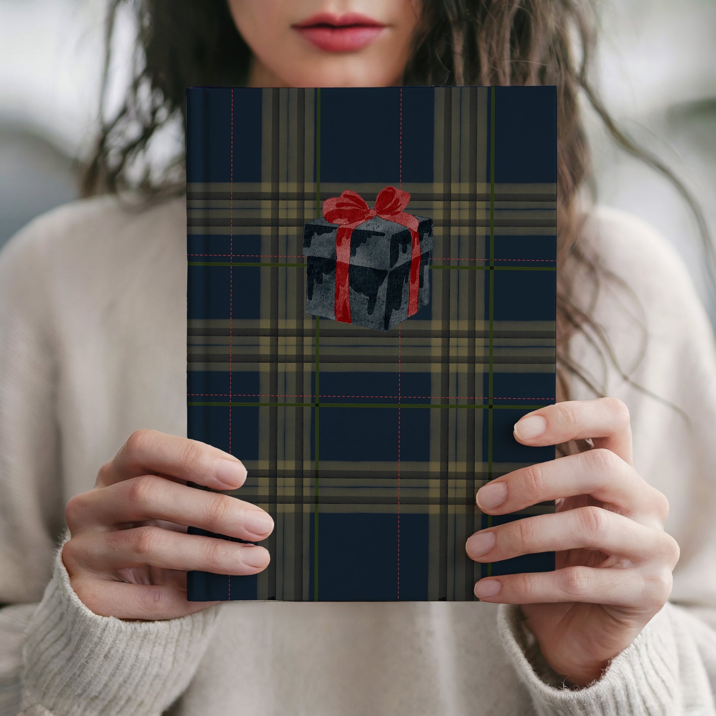 Plaid design hardcover notebook with gift box illustration