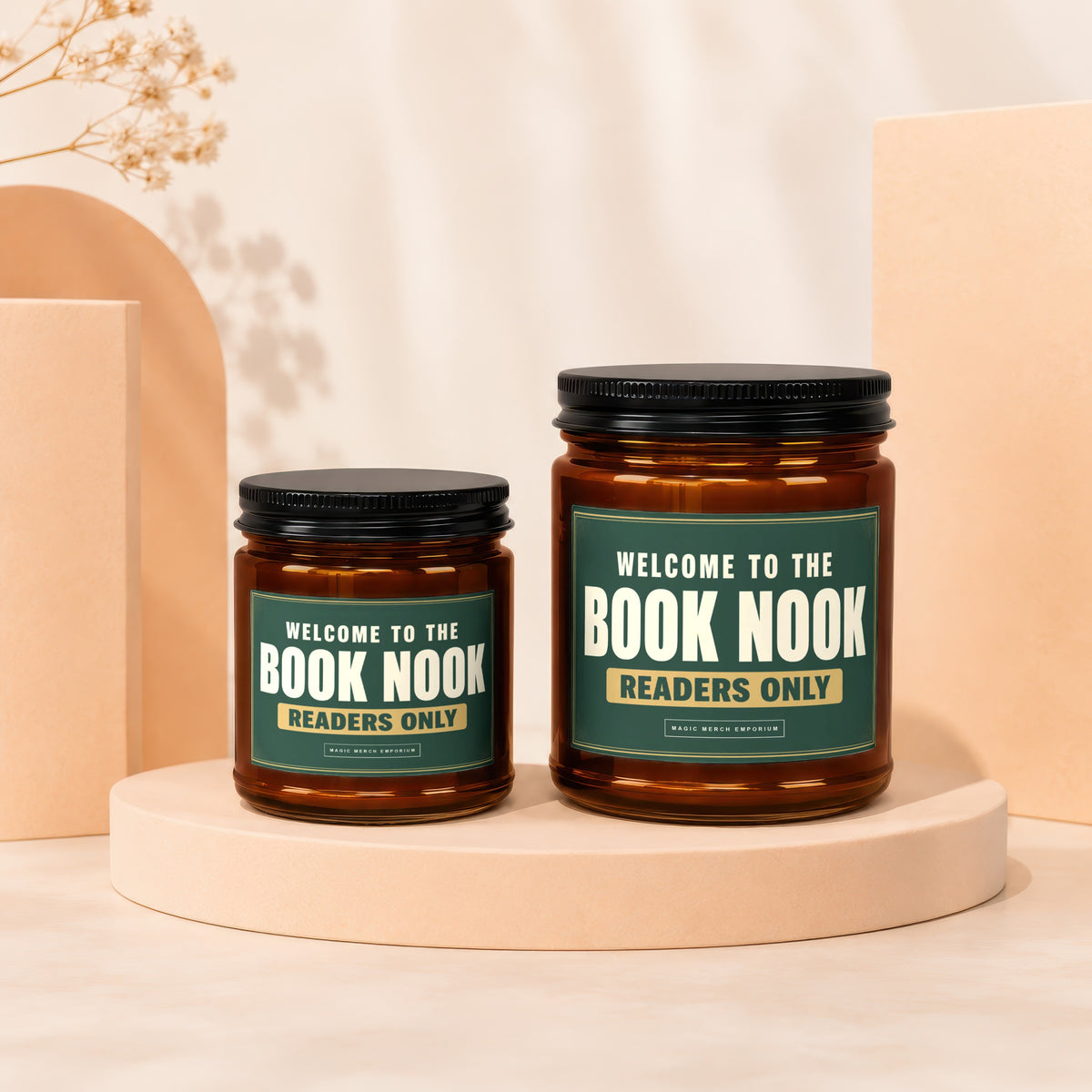 Two amber jars with black lids, labeled "Book Nook Readers Only".