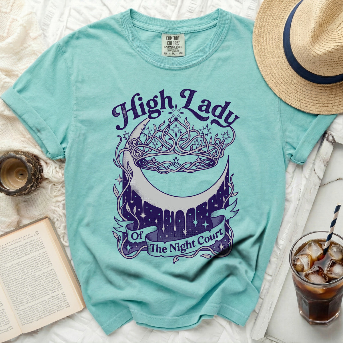 Teal t-shirt with "High Lady Of The Night Court" text and crescent moon design.