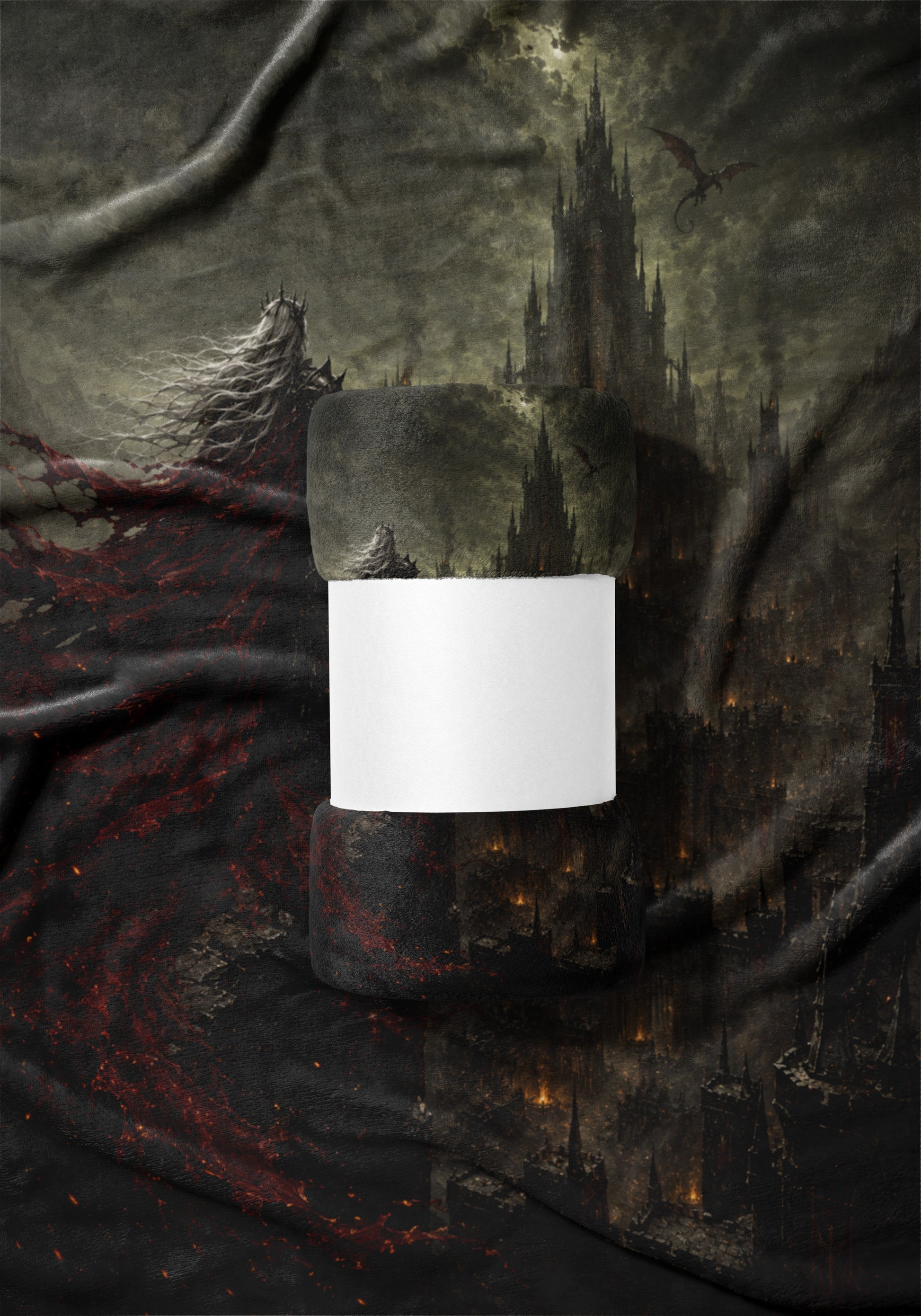 Dark fantasy art with castle, dragon, and a figure, draped over a folded object with a white band.