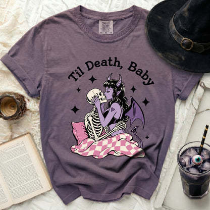 Purple t-shirt with "Til Death, Baby" graphic of skeleton couple kissing.