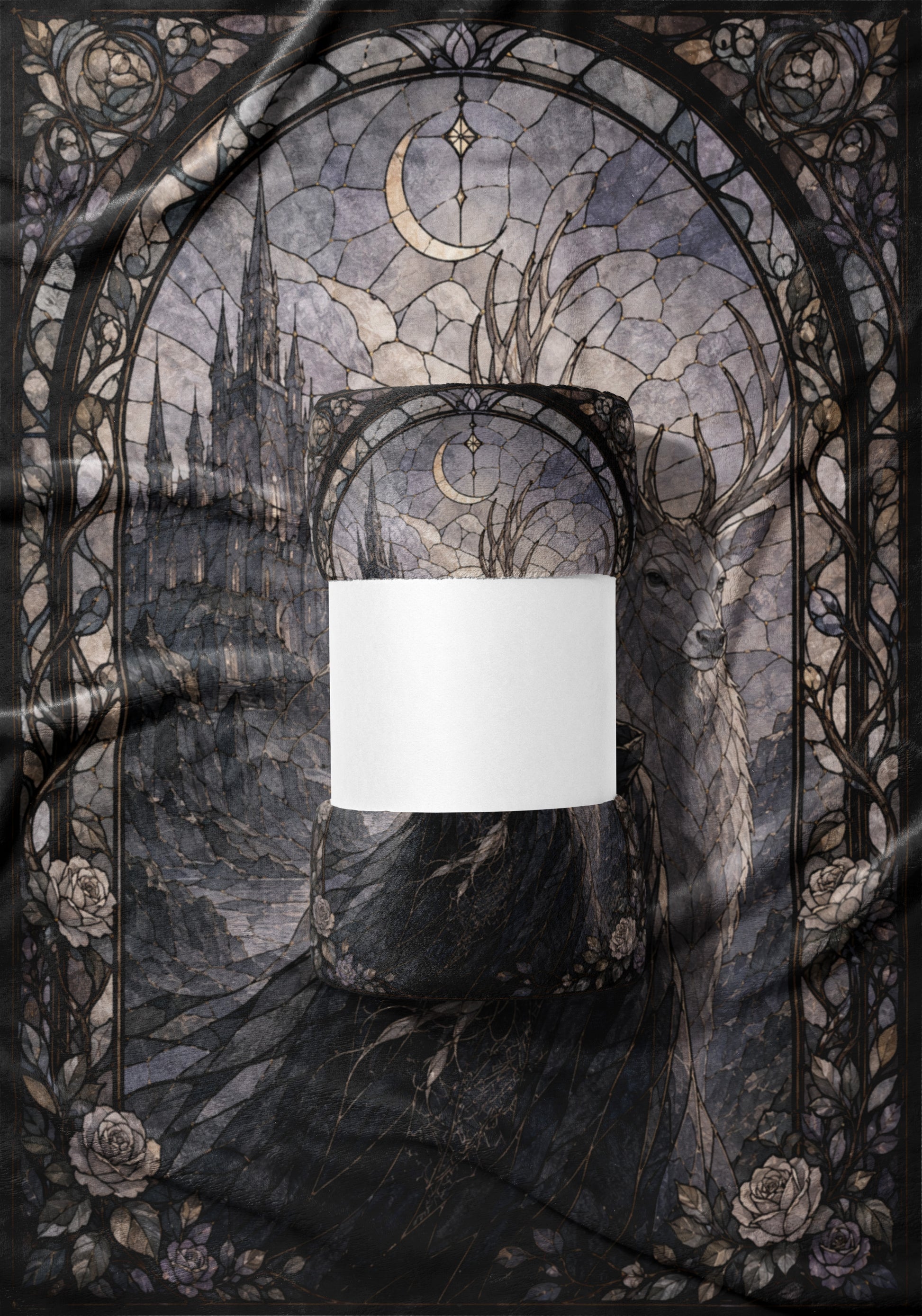 Product on a dark, gothic background featuring a castle and a deer.