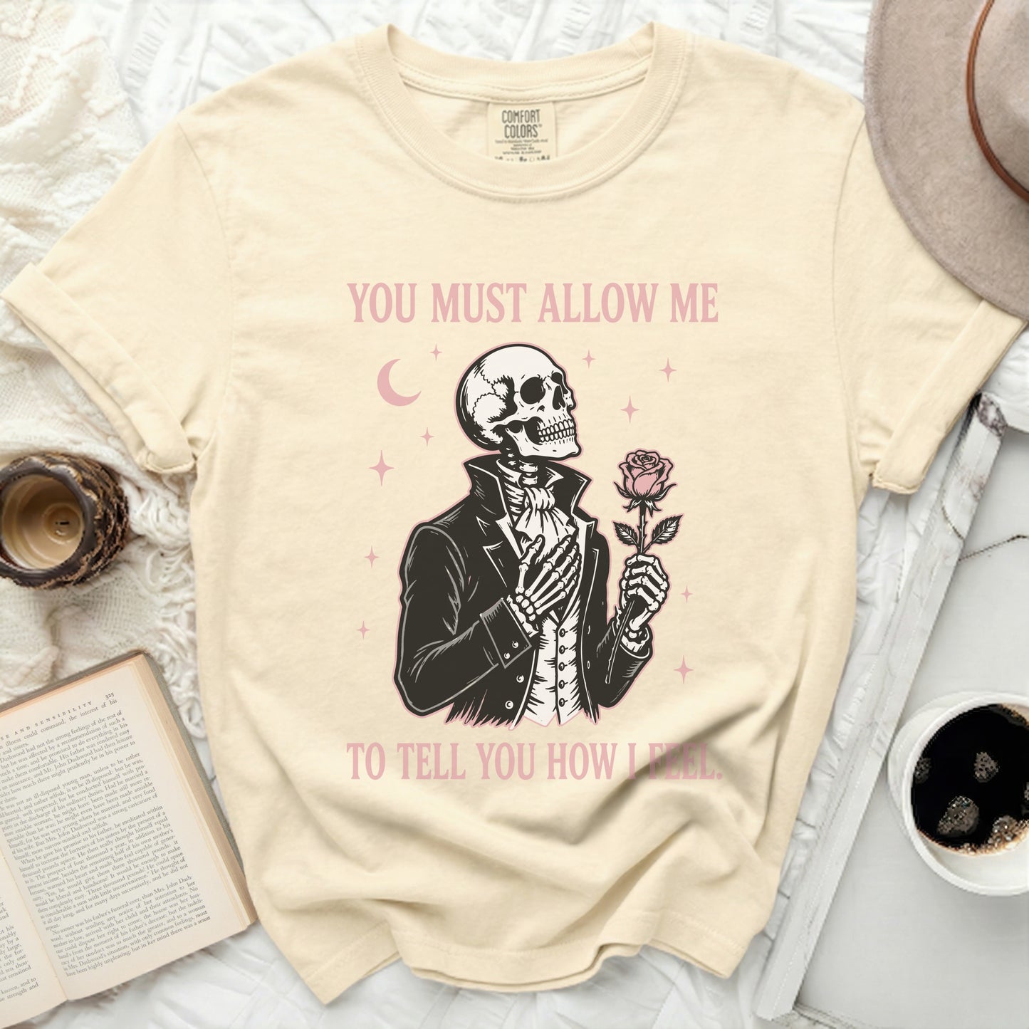 Skeleton in suit holding a rose with text "YOU MUST ALLOW ME TO TELL YOU HOW I FEEL."