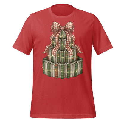 Festive Book Stack Design with Holiday Bow Shirt