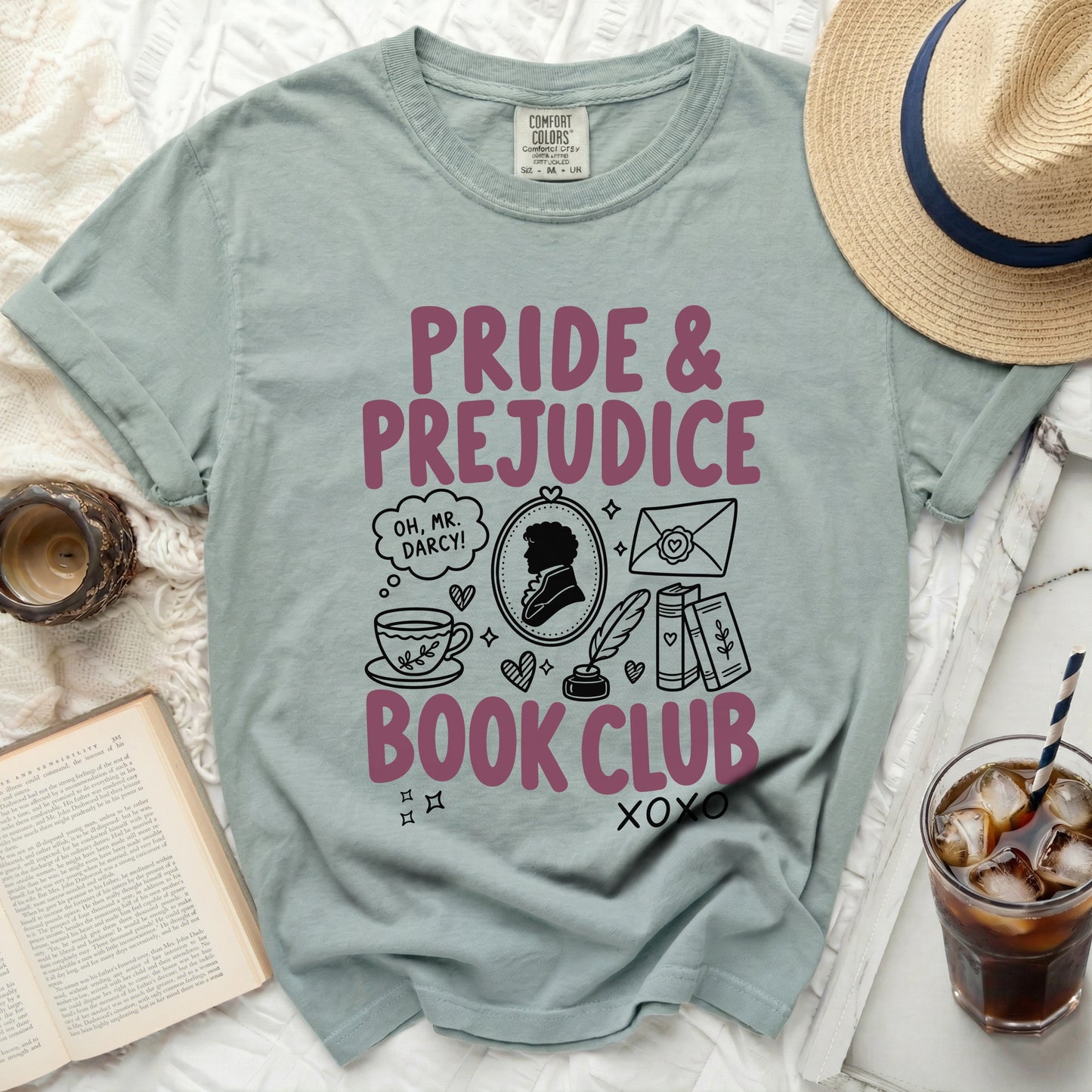 Pride & Prejudice Book Club graphic t-shirt with icons.