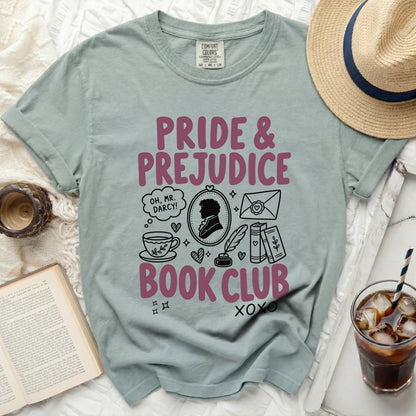 Pride & Prejudice Book Club graphic t-shirt with icons.