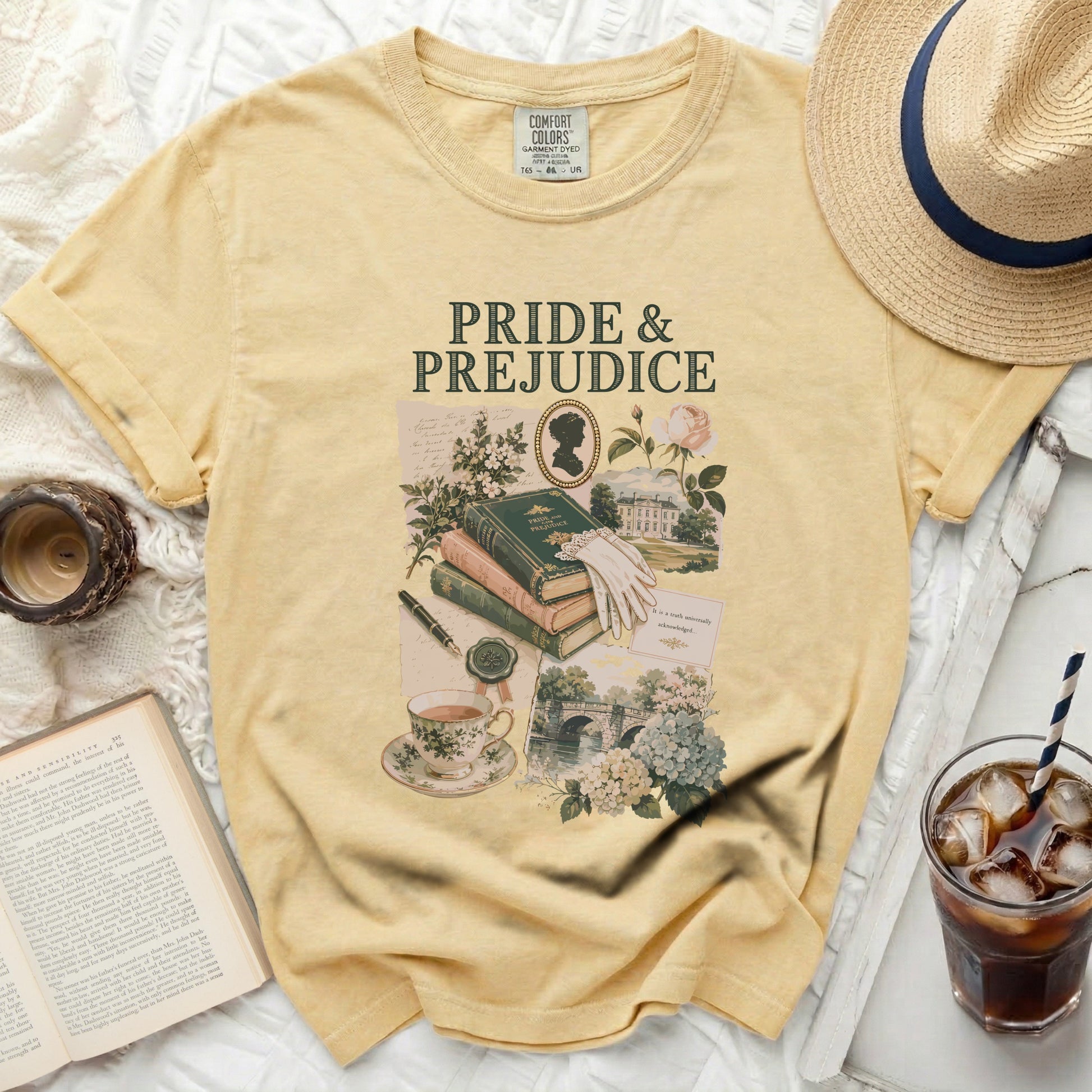 Yellow t-shirt with Pride and Prejudice collage featuring books and tea.