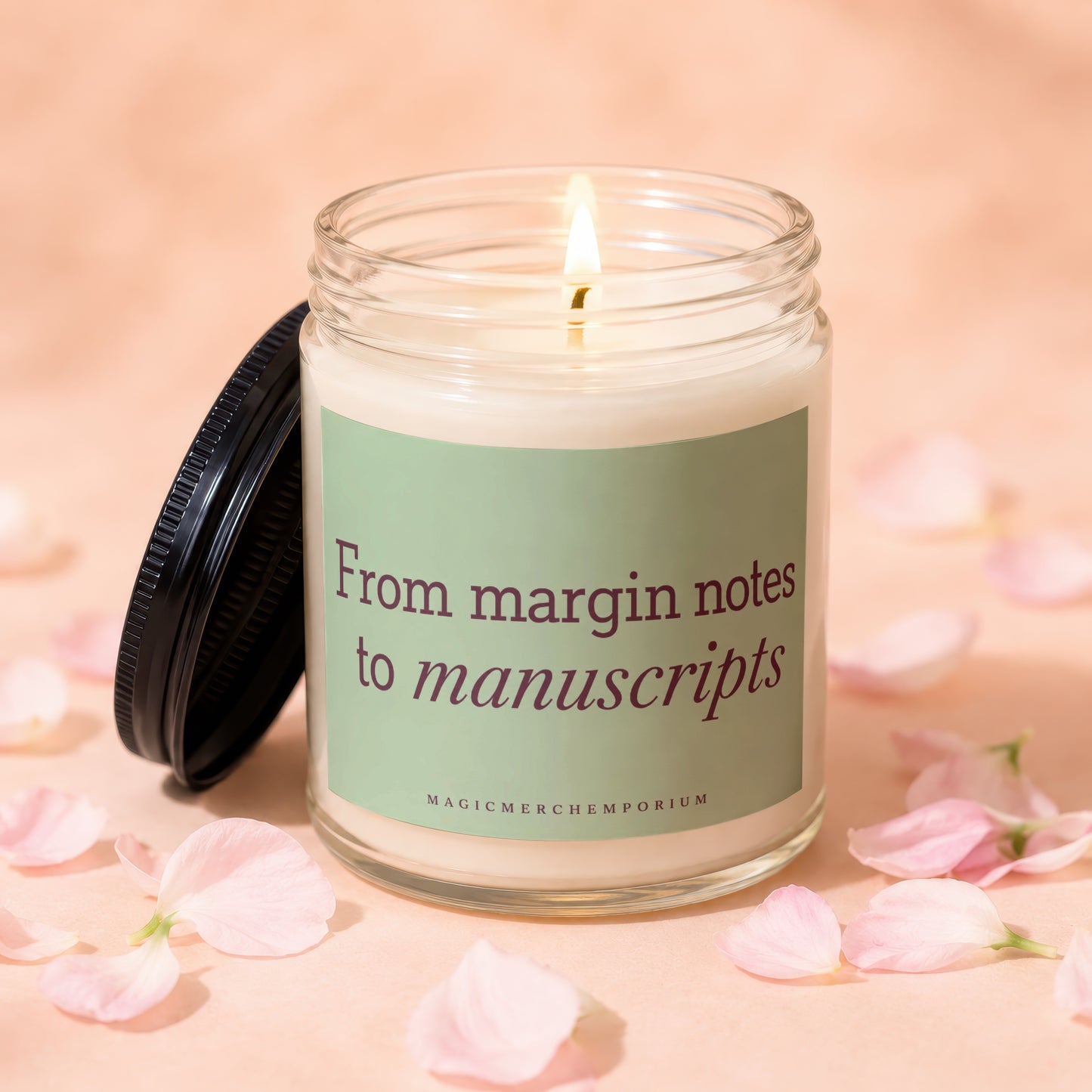 Lit candle in jar with lid off, text "From margin notes to manuscripts".