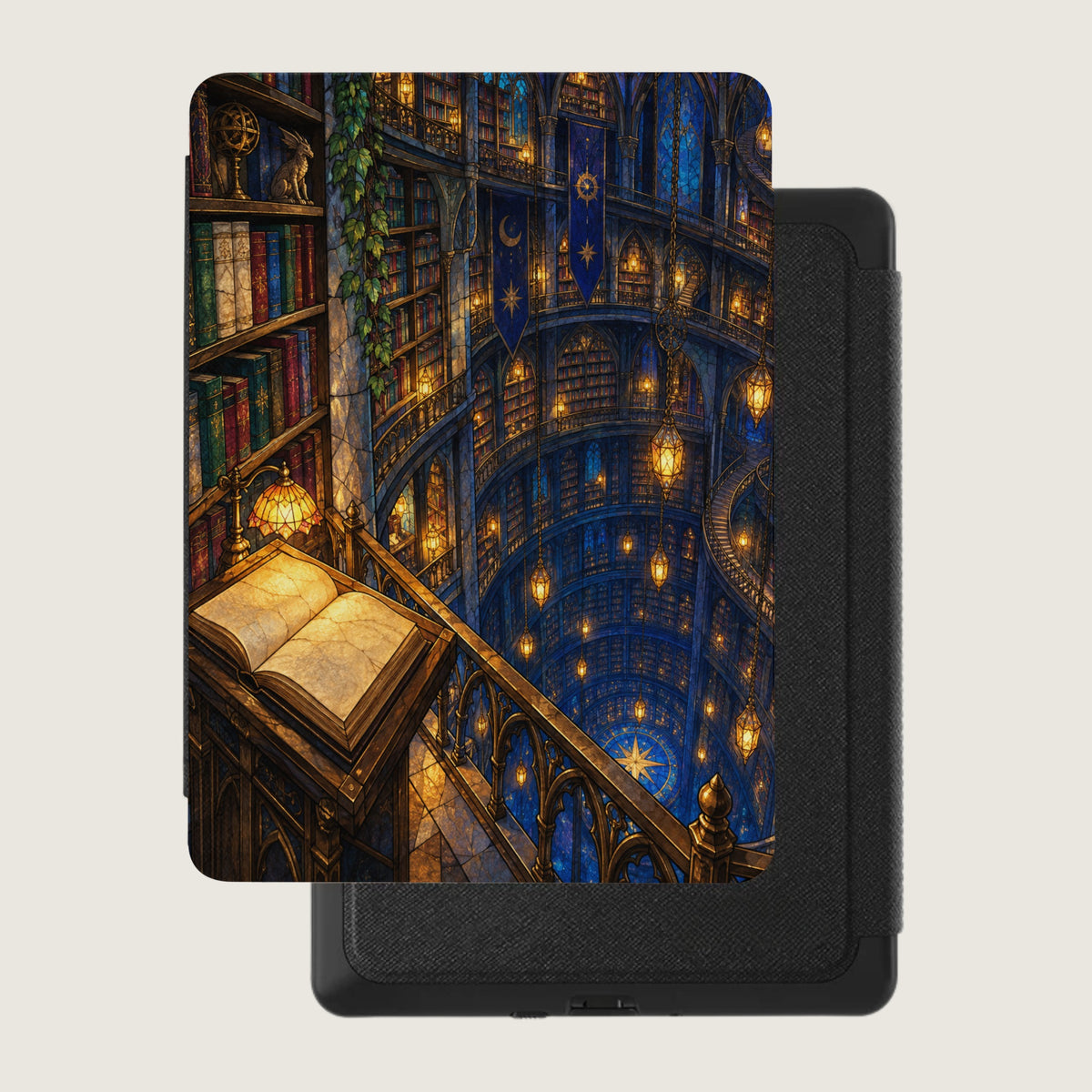 E-reader case with fantasy library design and ornate open book.